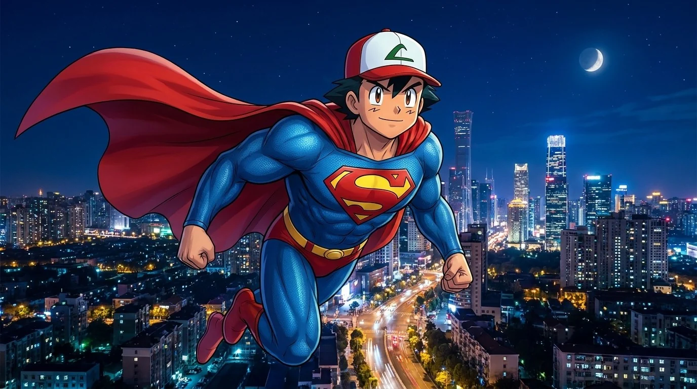 Ash in a blue suit and red cape flying over a city at night